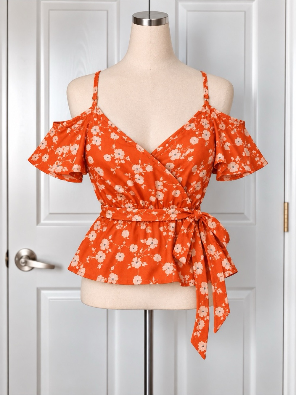 Sienna Sky Orange Floral Cold-Shoulder Wrap Blouse